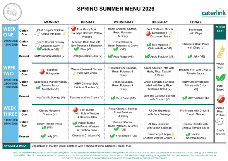 St John's Menu, Summer - October Half Term